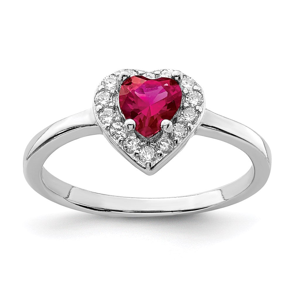 Sterling Silver Rhodium-plated Lab Cr Corundum & CZ Heart Ring