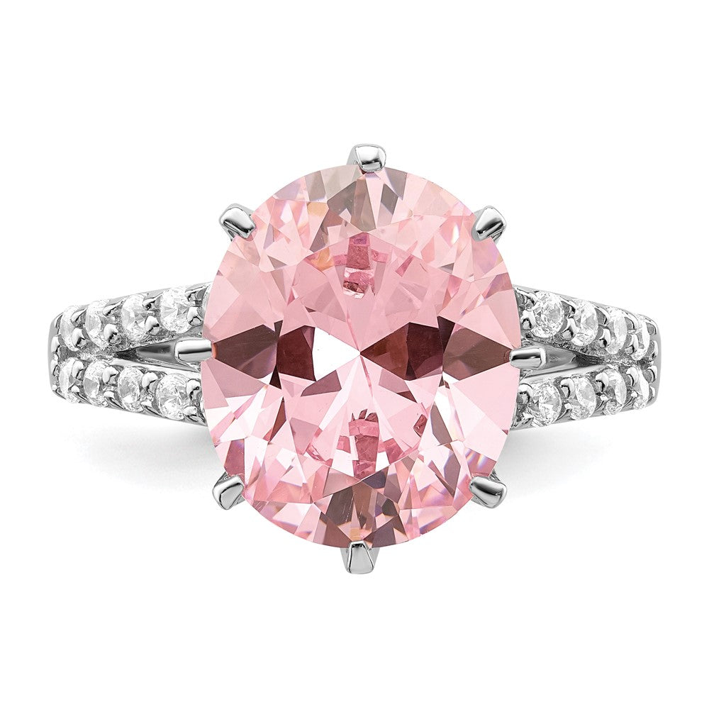 Sterling Silver Rhodium-plated 12x10 Oval Pink & White CZ Ring