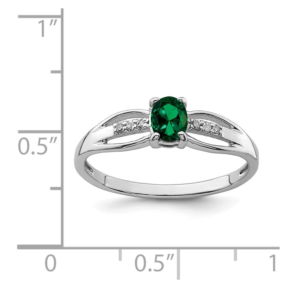 Sterling Silver Rhod-plated Diamond Created Emerald Ring