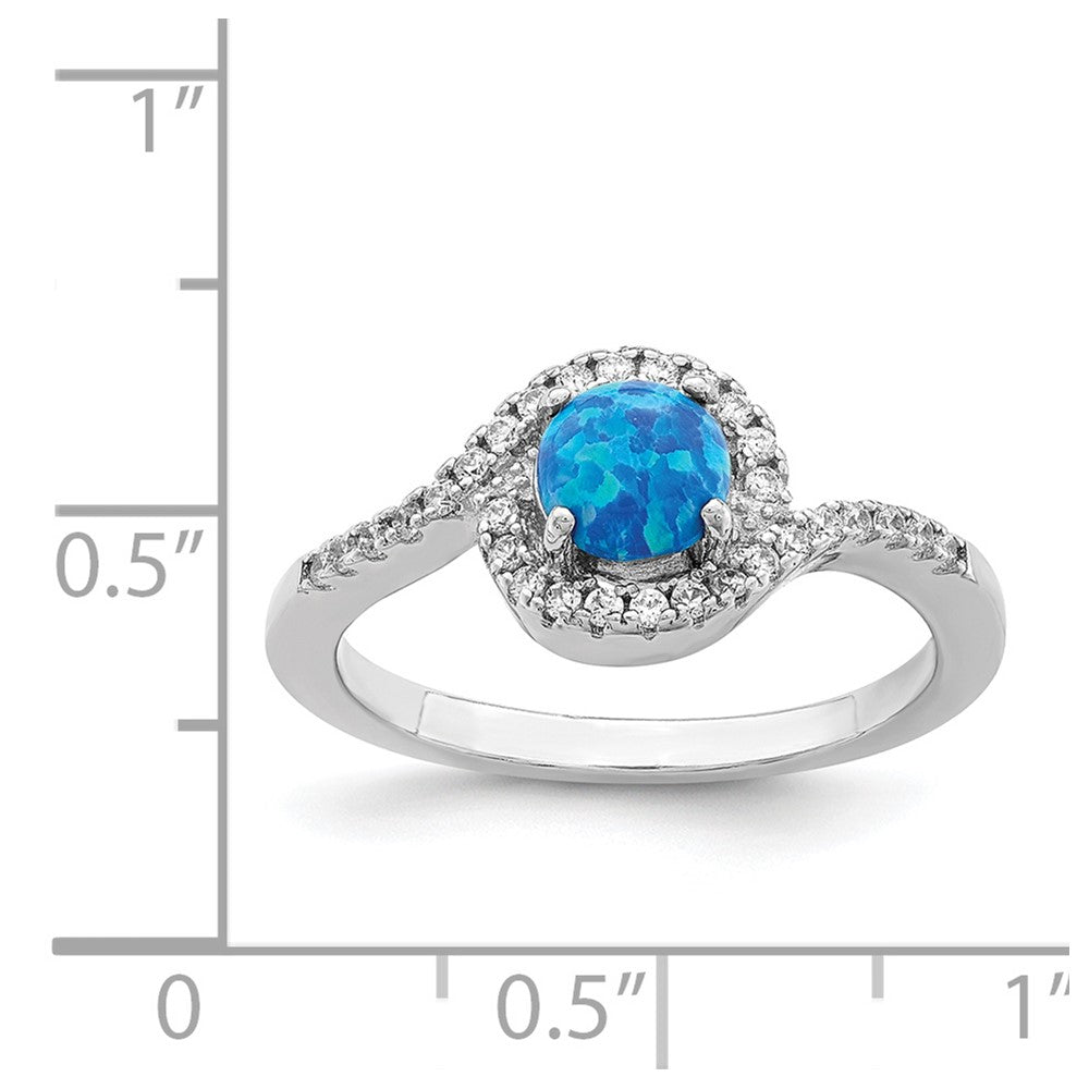 Sterling Silver Rhodium-plated Created Blue Opal /CZ Halo Ring