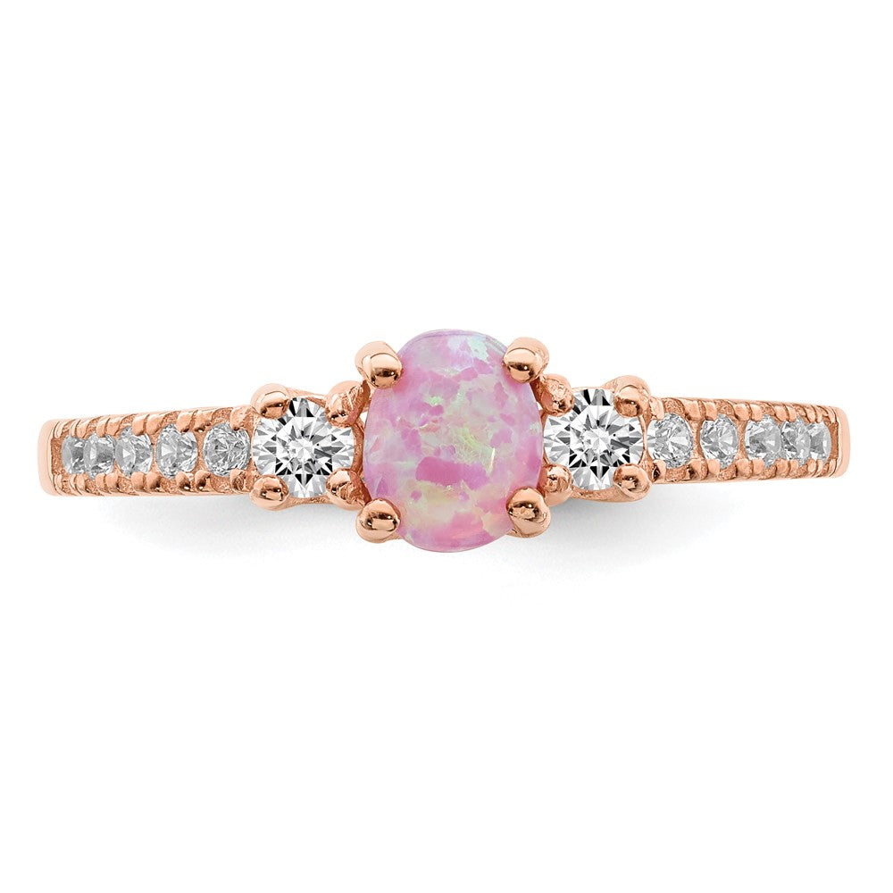 Sterling Silver Rose-tone Created Pink Opal and CZ Ring