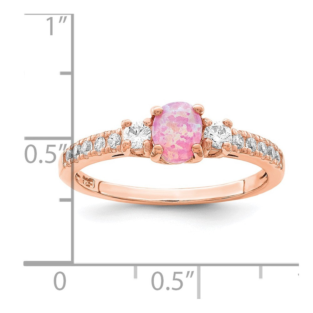 Sterling Silver Rose-tone Created Pink Opal and CZ Ring