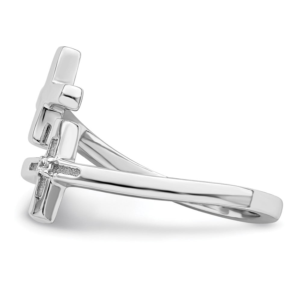 Sterling Silver Rhodium-plated CZ Double Cross Adjustable Ring