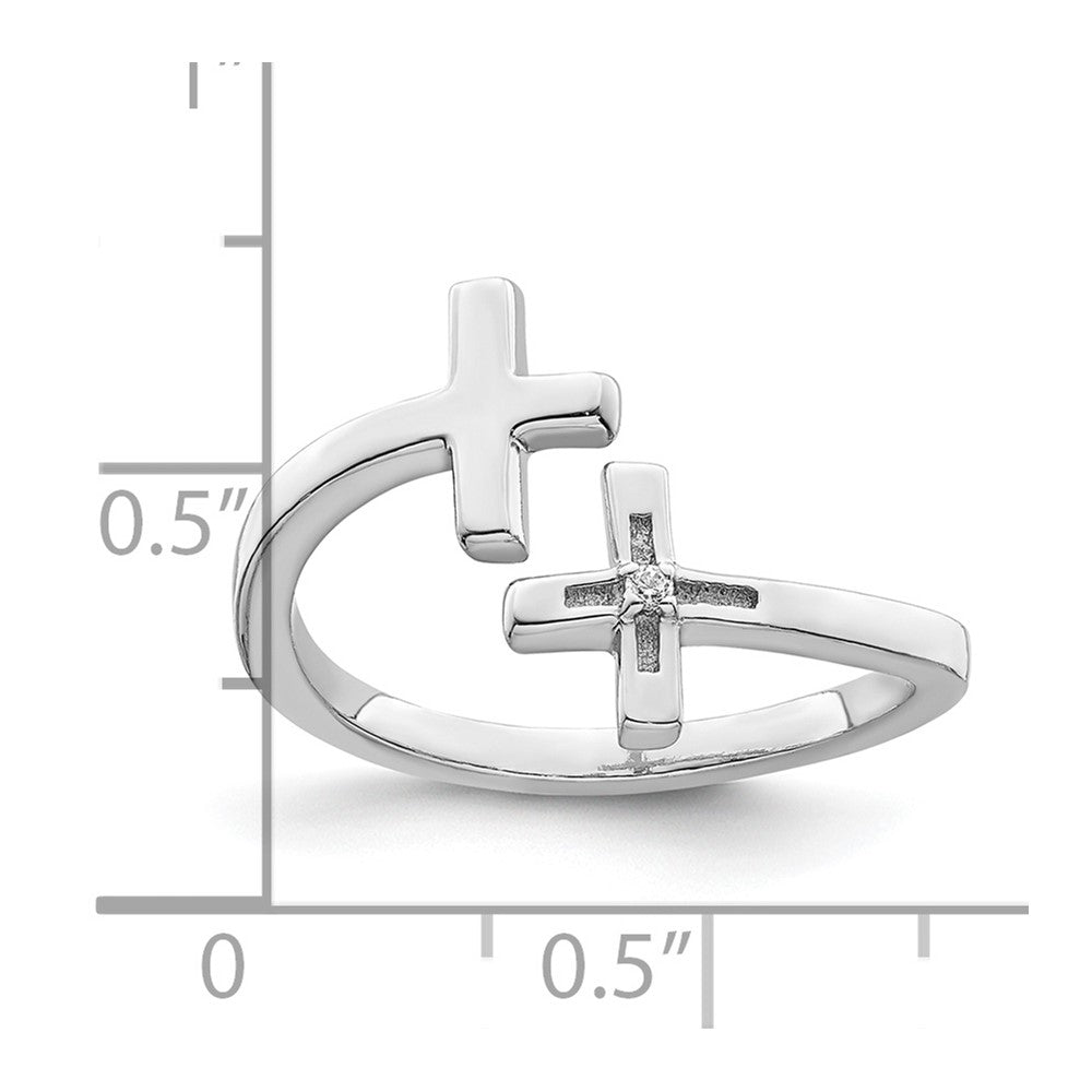 Sterling Silver Rhodium-plated CZ Double Cross Adjustable Ring