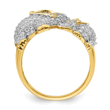 Sterling Silver Rhodium-plated Gold-tone Mom & Baby CZ Elephants Ring