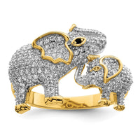 Sterling Silver Rhodium-plated Gold-tone Mom & Baby CZ Elephants Ring