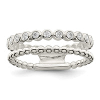 Sterling Silver Polished CZ Beaded Double Fancy Ring