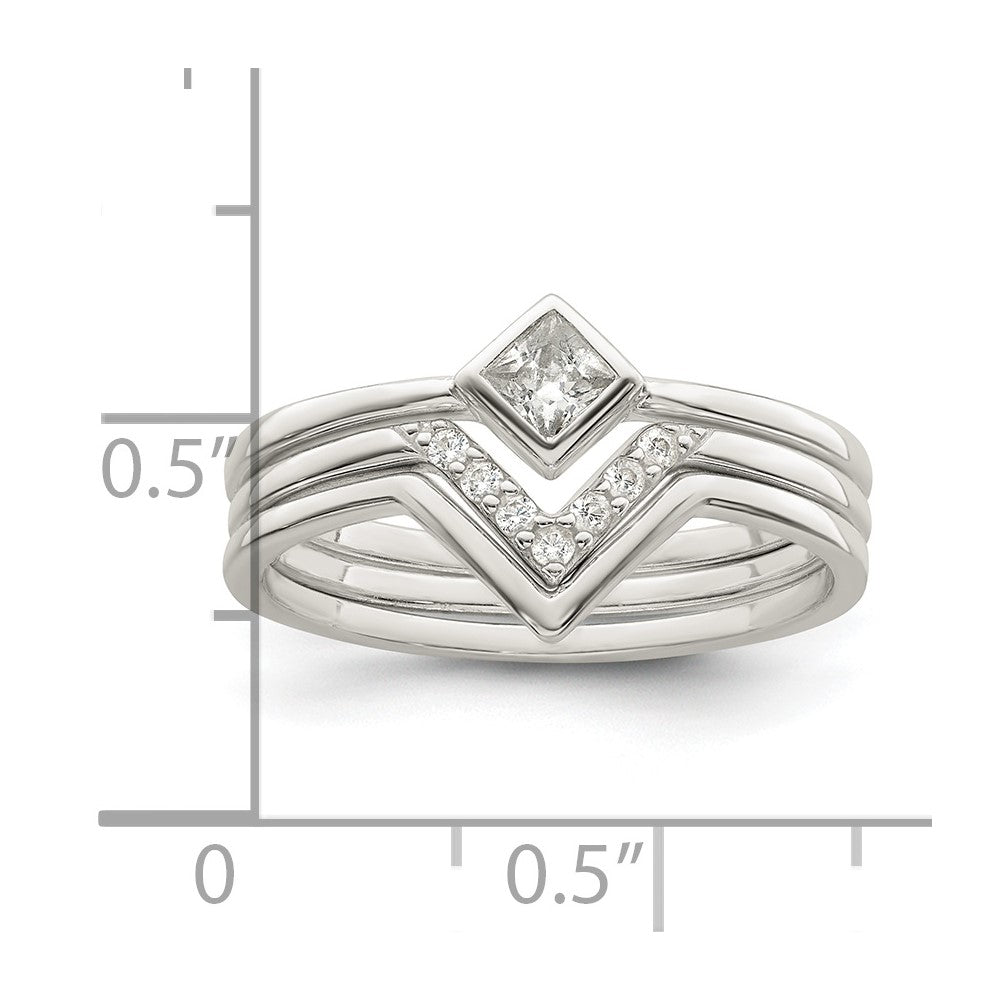 Sterling Silver Polished Square CZ 3 Ring Set