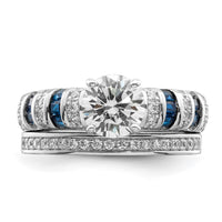 Sterling Silver Rh-plated Polished Blue & White CZ Engagement & Band Ring