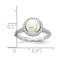 Sterling Silver Rhod-plated CZ 7-8mm Button White FWC Pearl Ring