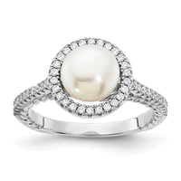 Sterling Silver Rhod-plated CZ 7-8mm Button White FWC Pearl Ring