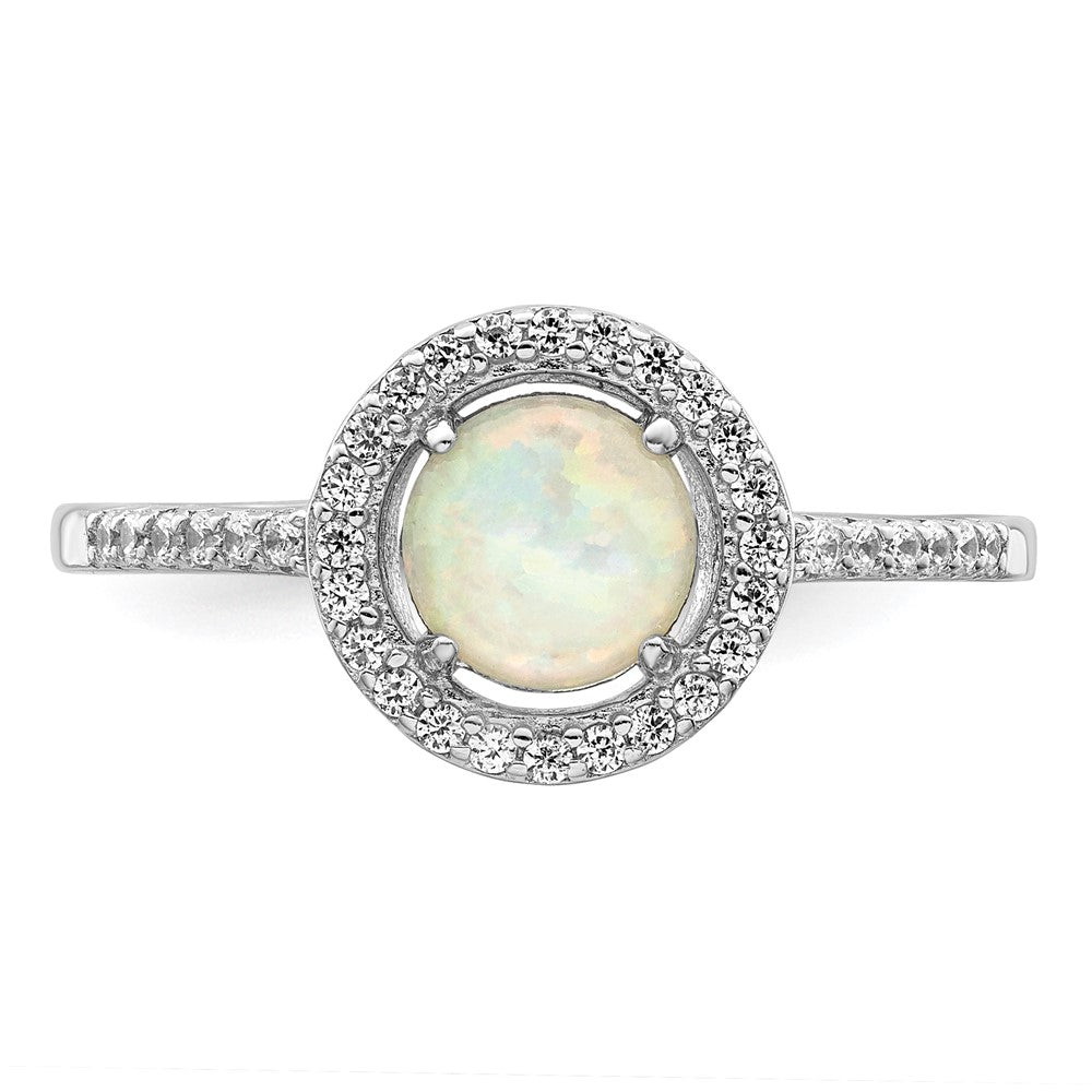Sterling Silver Rhodium-plated Polished White Created Opal CZ Halo Ring