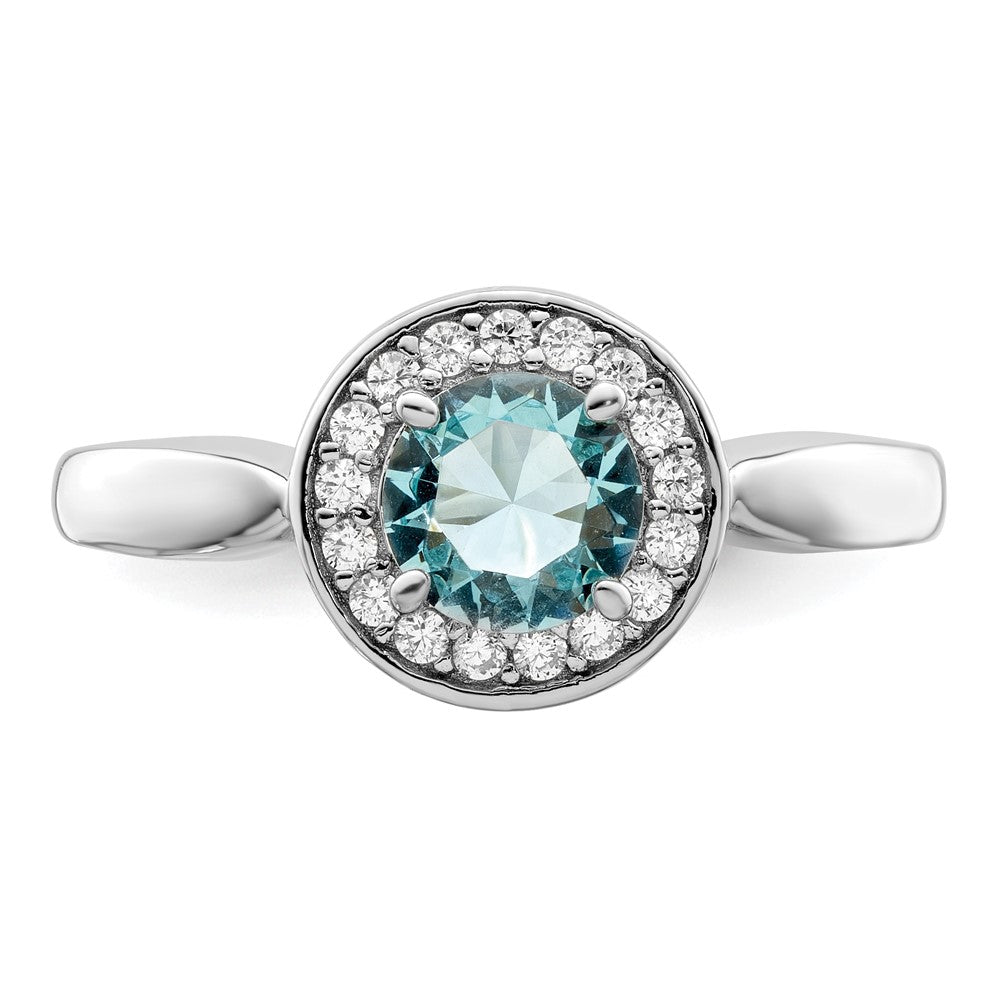 Sterling Silver Rhodium-plated CZ and Light Blue Glass Stone Ring