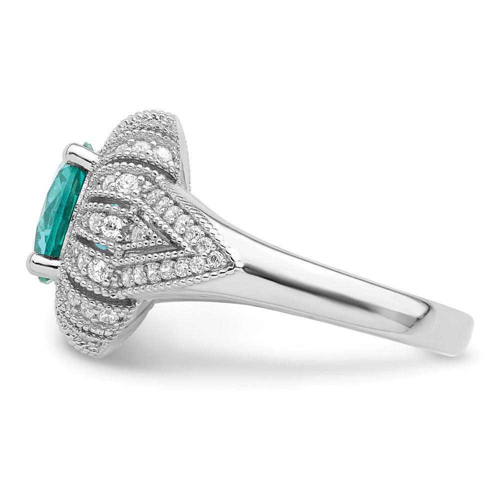 Sterling Silver Rhodium-plated Clear and Teal CZ Vintage Style Ring