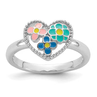 Sterling Silver RH-plated Beaded & Enameled Floral Heart Children's Ring