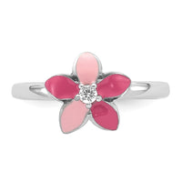 Sterling Silver RH-plated Pink Enameled & CZ Flower Children's Ring