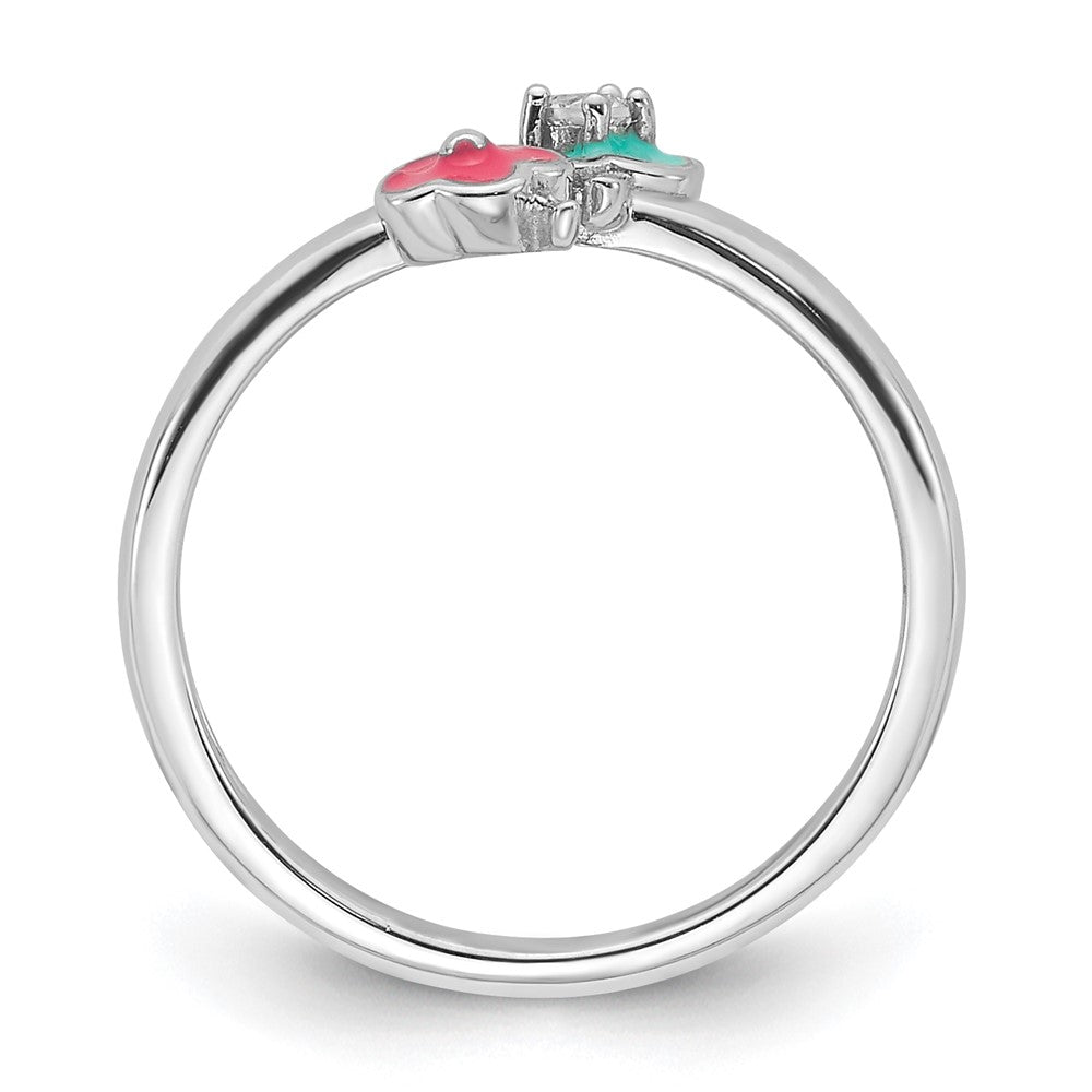 Sterling Silver RH-plated Blue/Pink Enameled & CZ Floral Size 3 Ring