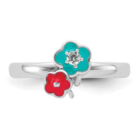 Sterling Silver RH-plated Blue/Pink Enameled & CZ Floral Size 3 Ring