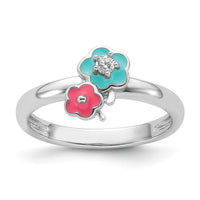 Sterling Silver RH-plated Blue/Pink Enameled & CZ Floral Size 3 Ring