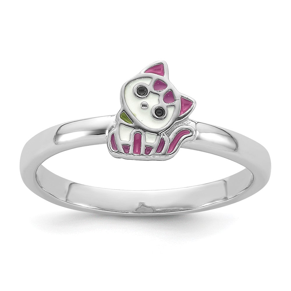 Sterling Silver Rhodium-plated Multi-color Enameled Kitty Size 3 Ring
