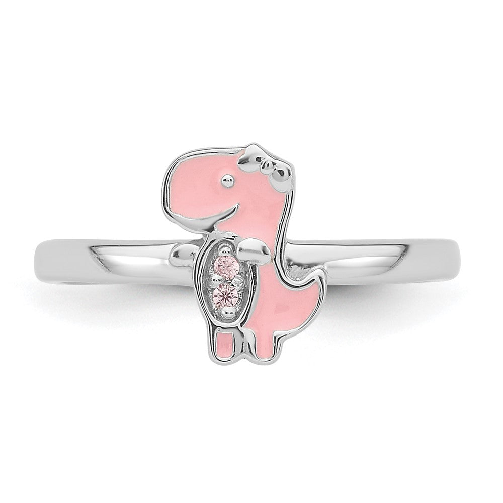 Sterling Silver Rhodium-plated Pink Enamel & CZ Dinosaur Children's Ring