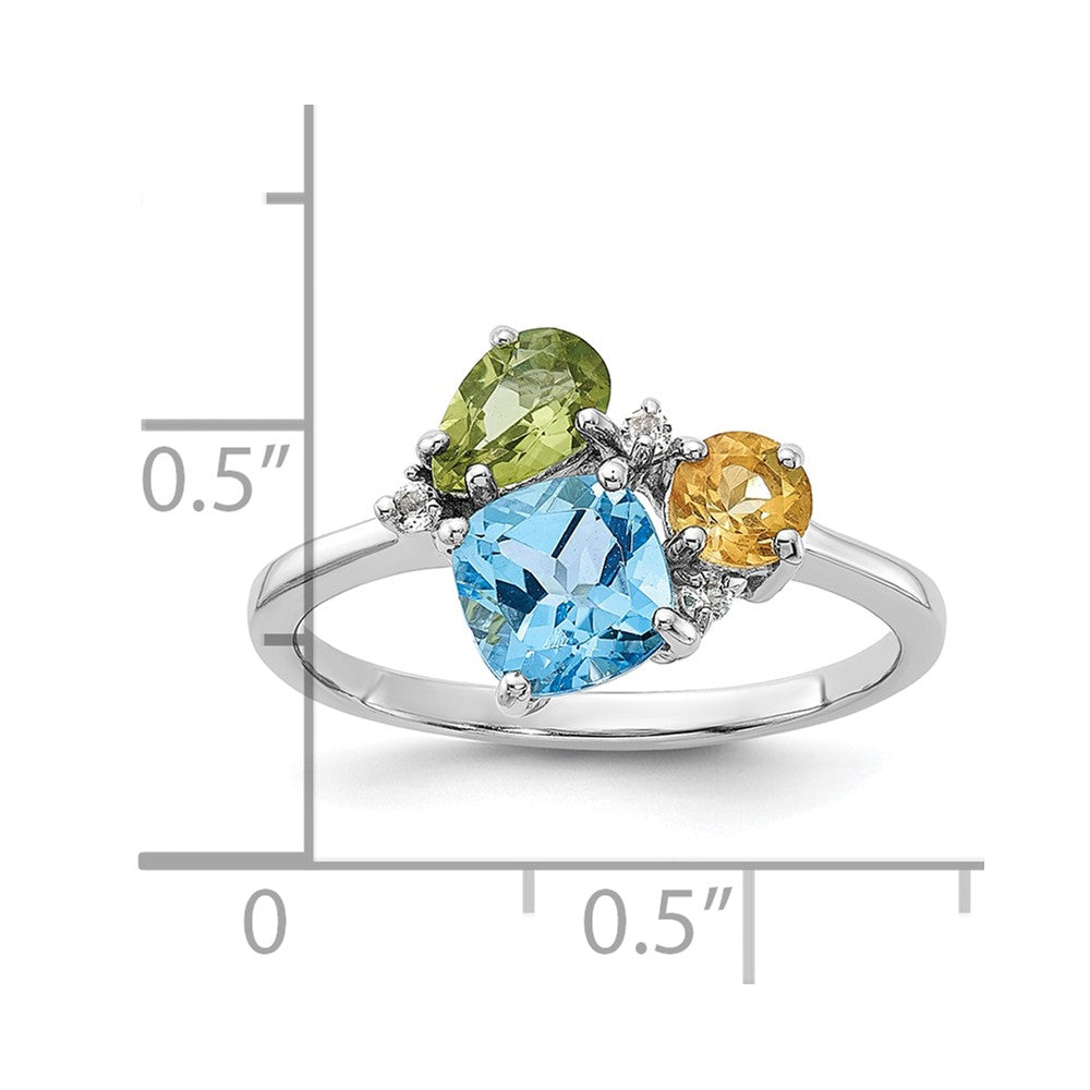 SS Rh Lt.Swiss Blue Topaz/ White Topaz and Peridot and Citrine Ring