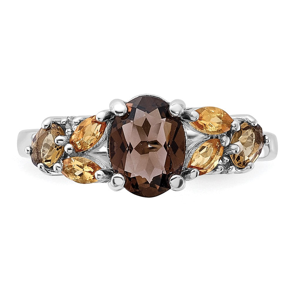 SS Rh Smoky and Whiskey Quartz Citrine White Topaz Ring