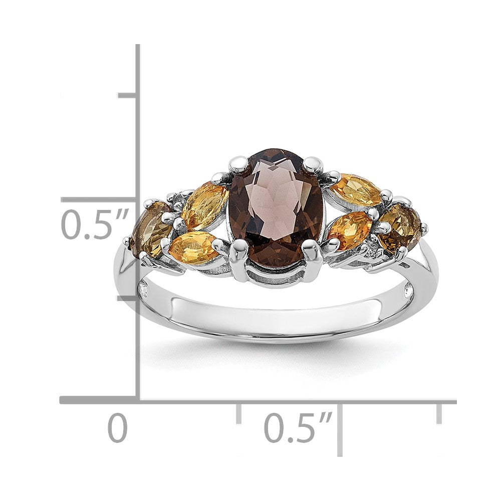 SS Rh Smoky and Whiskey Quartz Citrine White Topaz Ring
