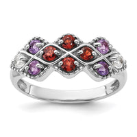 Sterling Silver Rhodium-plated Garnet Amethyst and White Topaz Ring
