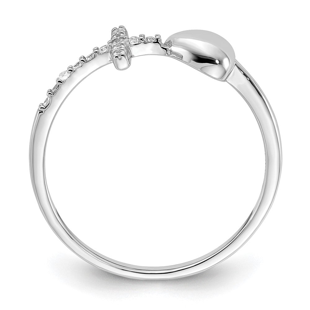 Sterling Silver Rhodium-plated Heart and CZ Cross Ring