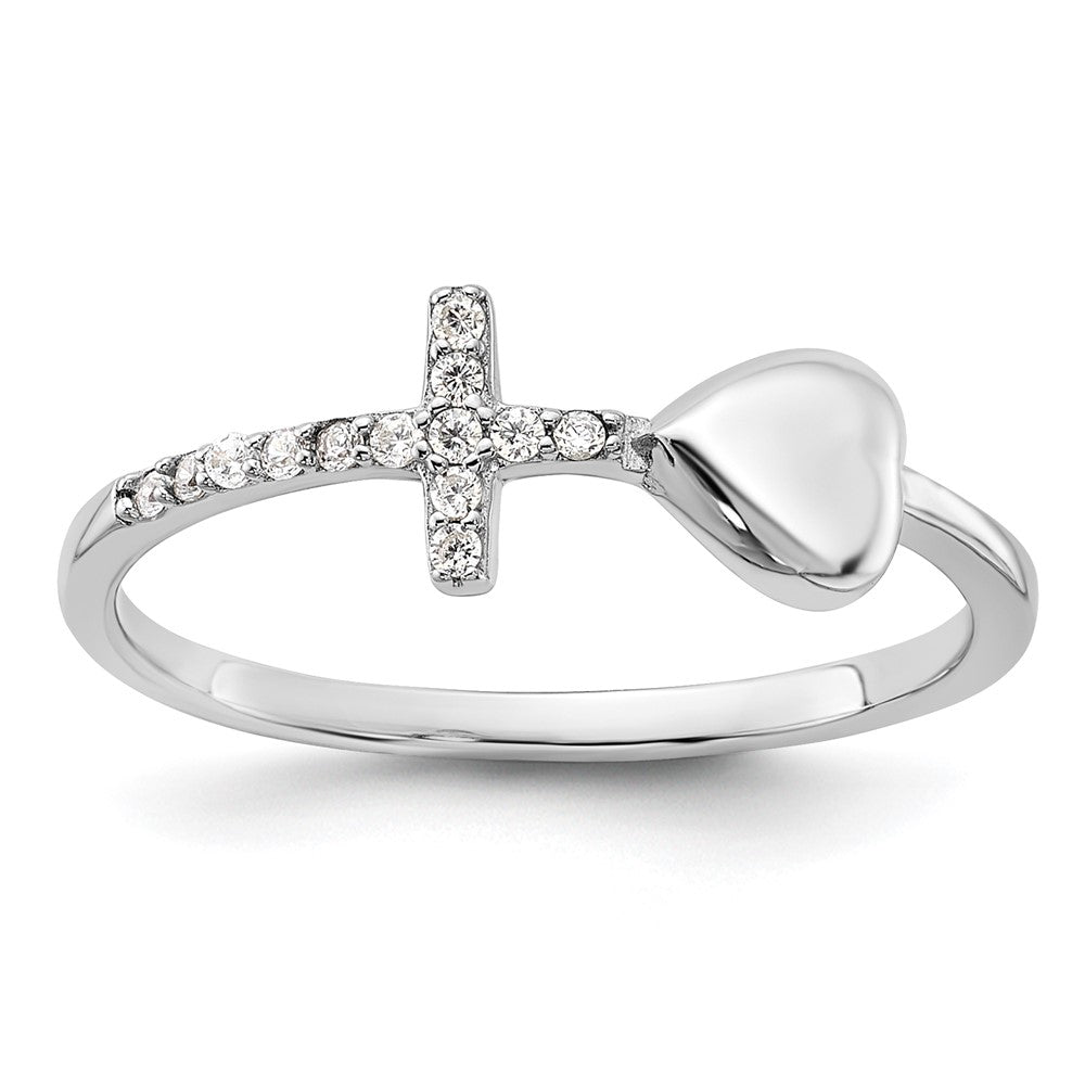 Sterling Silver Rhodium-plated Heart and CZ Cross Ring