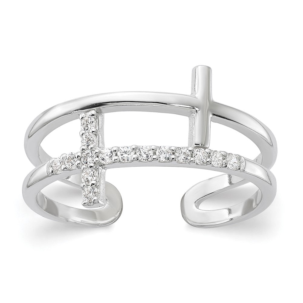 Sterling Silver E-coated CZ Cross Open Back Ring
