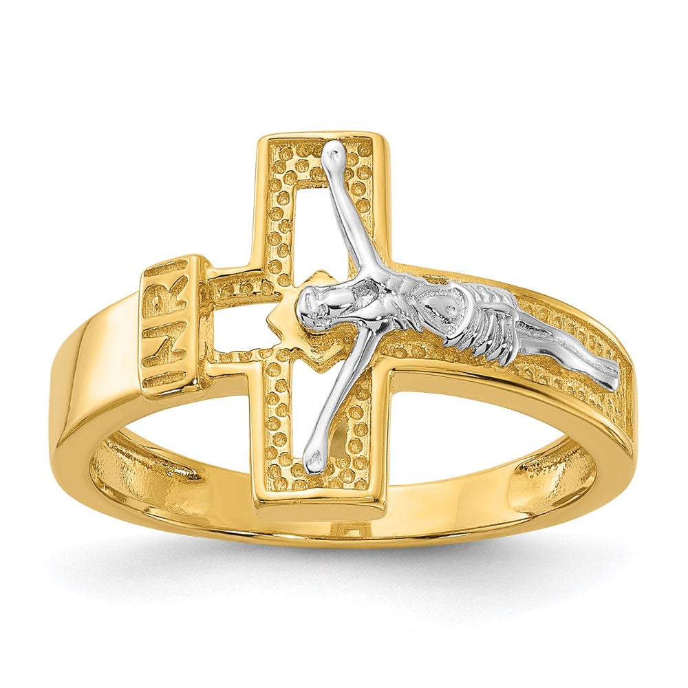 Sterling Silver Rhodium-plated Gold-tone INRI Crucifix Ring