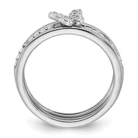 Sterling Silver RH-plated CZ Butterfly Ring with Two Plain Bands 3 Ring Set