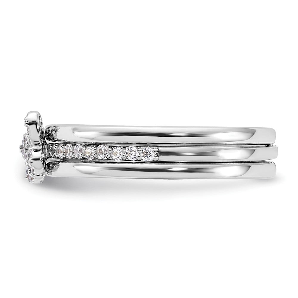 Sterling Silver RH-plated CZ Butterfly Ring with Two Plain Bands 3 Ring Set