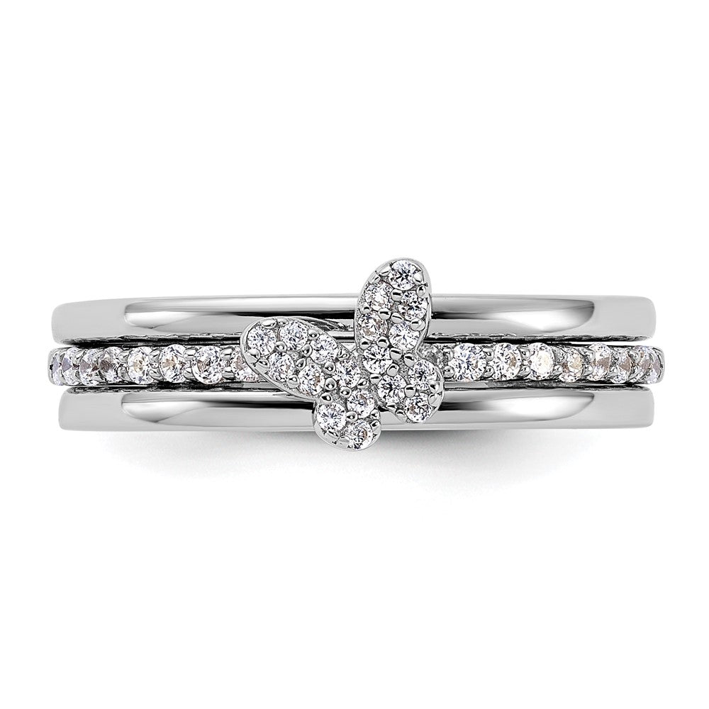 Sterling Silver RH-plated CZ Butterfly Ring with Two Plain Bands 3 Ring Set