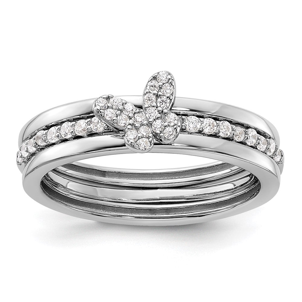 Sterling Silver RH-plated CZ Butterfly Ring with Two Plain Bands 3 Ring Set