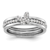 Sterling Silver RH-plated CZ Butterfly Ring with Two Plain Bands 3 Ring Set