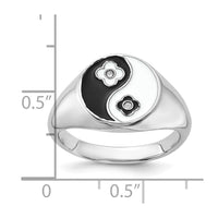 Sterling Silver Rhodium-plated Enameled Yin Yang CZ Ring