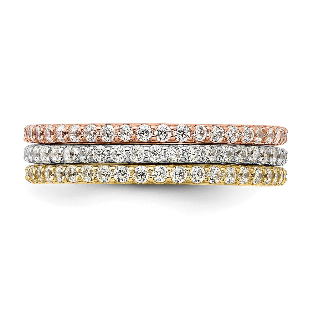 Sterling Silver Rhodium-plated Gold and Rose-tone CZ 3 Eternity Band Set