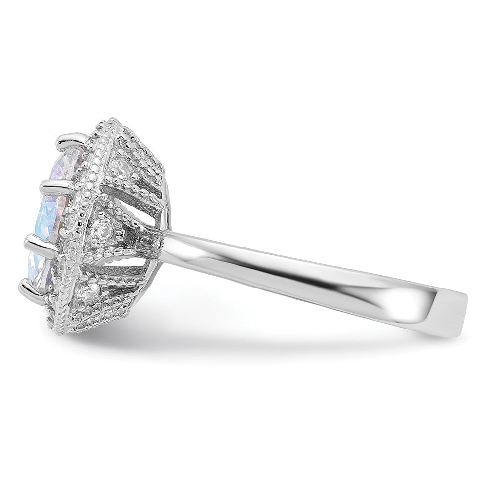 Sterling Silver Rhodium-plated Clear and Iridescent CZ Rnd Halo Ring