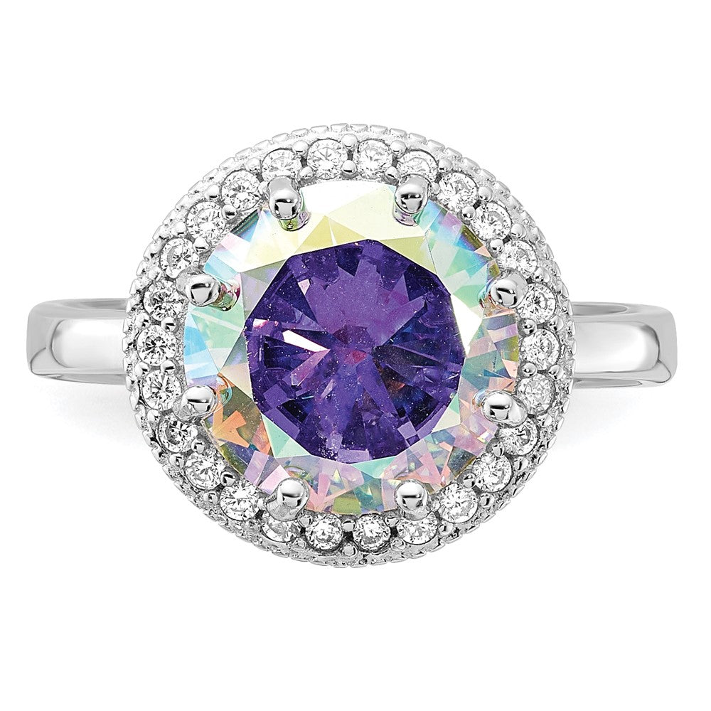 Sterling Silver Rhodium-plated Clear and Iridescent CZ Rnd Halo Ring