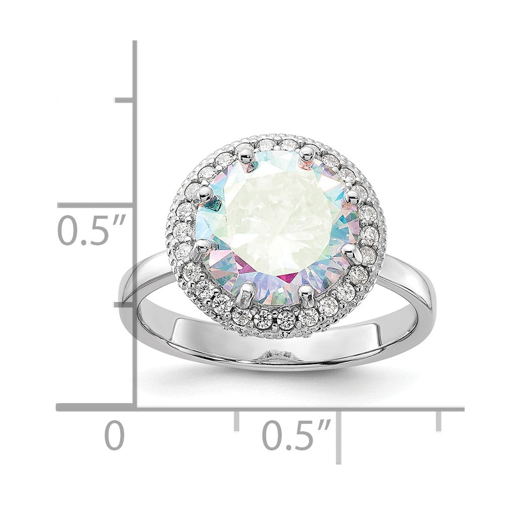 Sterling Silver Rhodium-plated Clear and Iridescent CZ Rnd Halo Ring