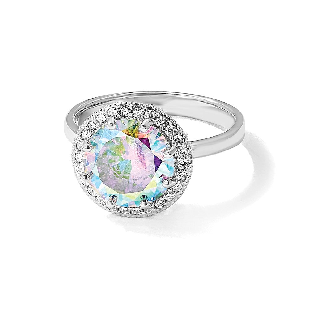 Sterling Silver Rhodium-plated Clear and Iridescent CZ Rnd Halo Ring