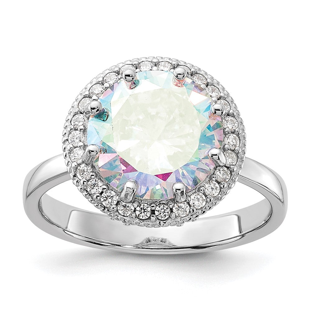 Sterling Silver Rhodium-plated Clear and Iridescent CZ Rnd Halo Ring