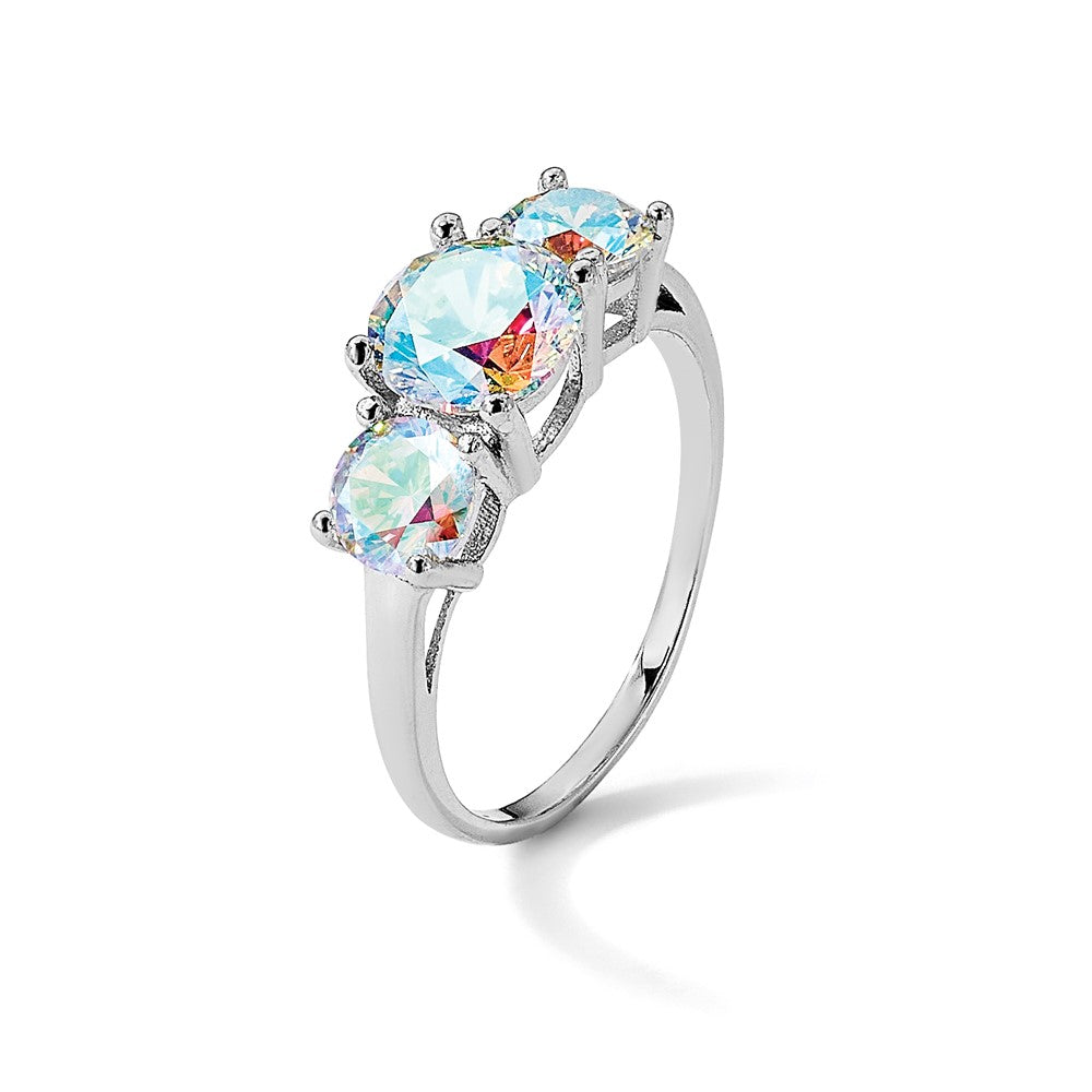 Sterling Silver Rhodium-plated Iridescent CZ 3-Stone Ring