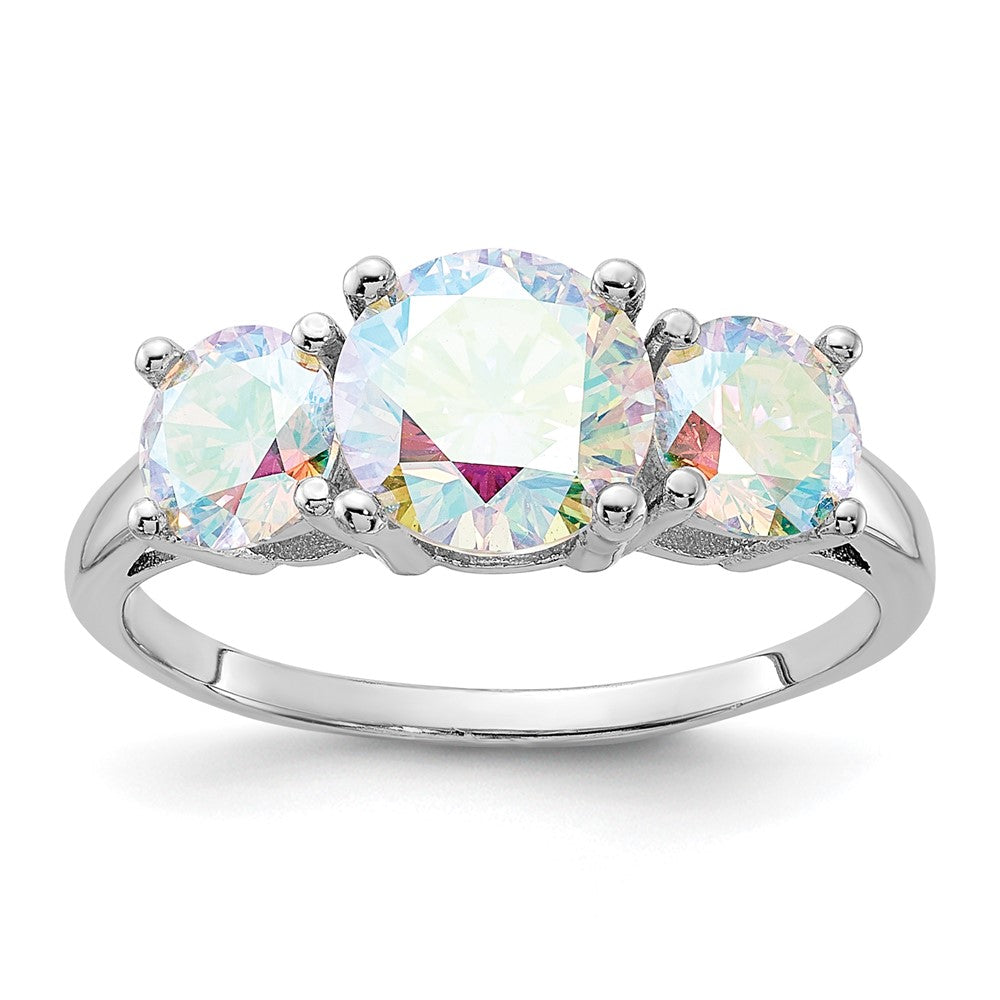 Sterling Silver Rhodium-plated Iridescent CZ 3-Stone Ring