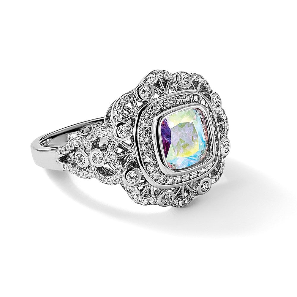 Sterling Silver Rhodium-plated Clear and Iridescent CZ Ring