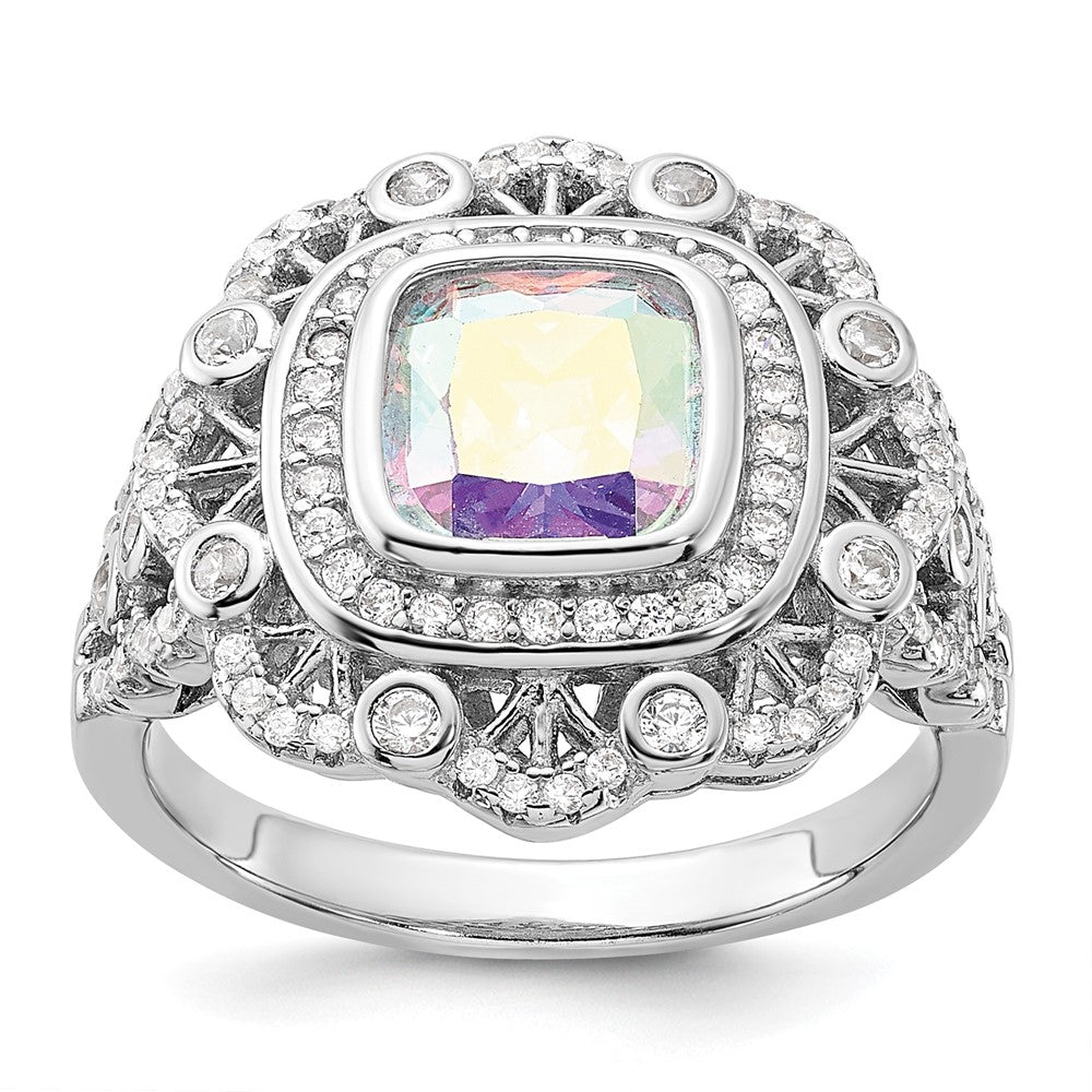 Sterling Silver Rhodium-plated Clear and Iridescent CZ Ring