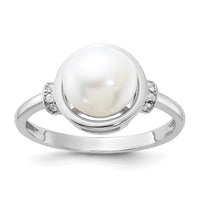 Sterling Silver Rhodium-plated 8-9mm White FWC Pearl and CZ Circle Ring